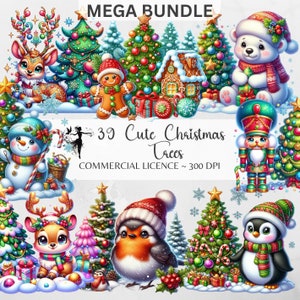 Joli sapin de Noël PNG Clipart bonhomme de neige renard nain casse-noisette raton laveur ours polaire bonhomme en pain d'épice sapin de Noël rouge-gorge autocollant lot de 2
