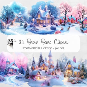 Cena de neve Clipart Cena de Natal PNG Vila Imprimível Cidade Inverno País das Maravilhas Paisagem Natal Fundo Adesivos Floresta Fundo