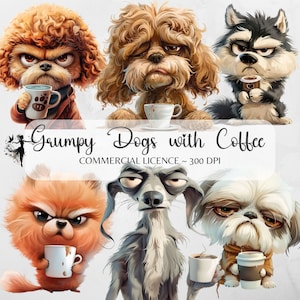 Mürrischer Hund Kaffee Clipart Sublimationsentwürfe Lustiger Hund PNG Junk-Journal Lieferungen Scrapbooking Cartoon-Haustier-Drucke Digitale Collage druckbare
