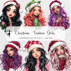 Cute Christmas Girl Clipart Bundle Christmas Fashion Girl doll Clipart Chibi Girls PNG Holiday Kawaii Planner Stickers Sublimation DTF