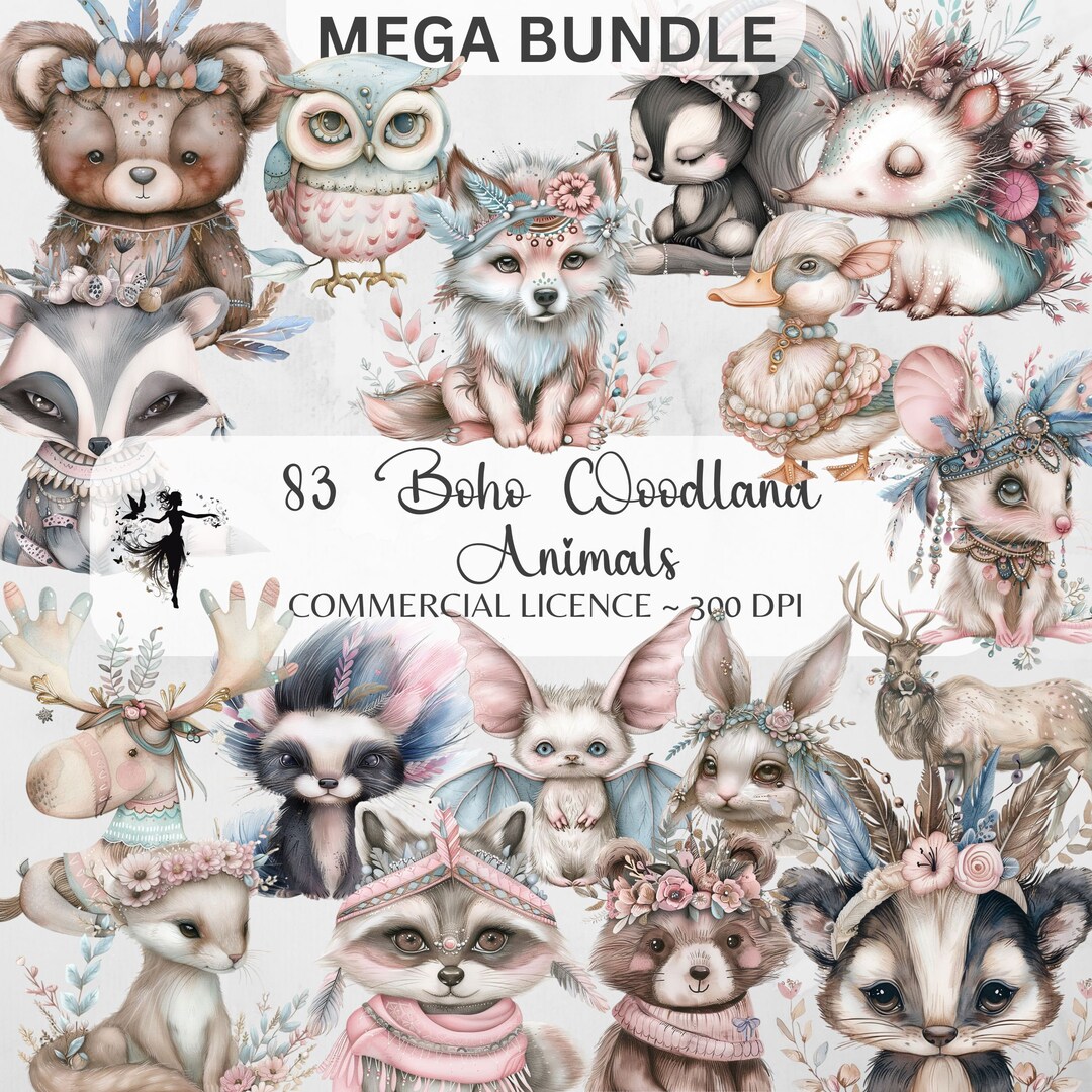 Boho Woodland Animals Clipart Fox PNG Baby Shower Woodland Nursery Junk ...
