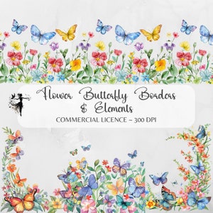 Bordure florale papillon PNG Cadres floraux PNG Papillon Clipart Couronne de fleurs png Bordures aquarelles Pâques botanique numérique papier artisanat