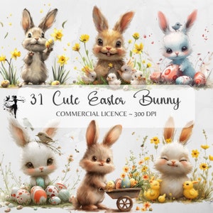 Bundle de cliparts aquarelle lapin de Pâques mignon bébé lapin PNG poussin oeuf de Pâques Scrapbooking floral Junk Journal Sublimation printemps Bundle artisanat