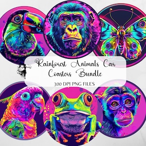Animal Car Coaster PNG Bundle Sublimation Design Neon Designs Round Earring PNG Windspinner Sublimation Keychain Instant Download Rainforest