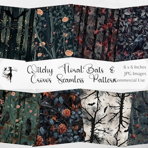 Witchy Nahtlose Muster Digitales Papier Hintergründe Wald Hexe Printable Scrapbooking Junk Journal Produkte Natur Blätter Floral Fledermäuse Krähe