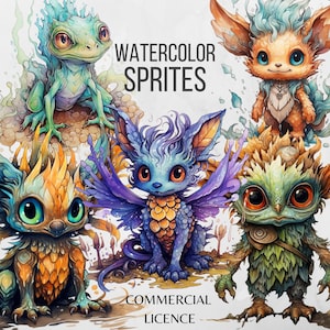 May include: Five watercolor illustrations of fantasy creatures. The creatures are a green frog, a blue and orange winged creature, a light brown fox-like creature, a green and brown bird-like creature, and an orange and yellow creature with a mane of fire.