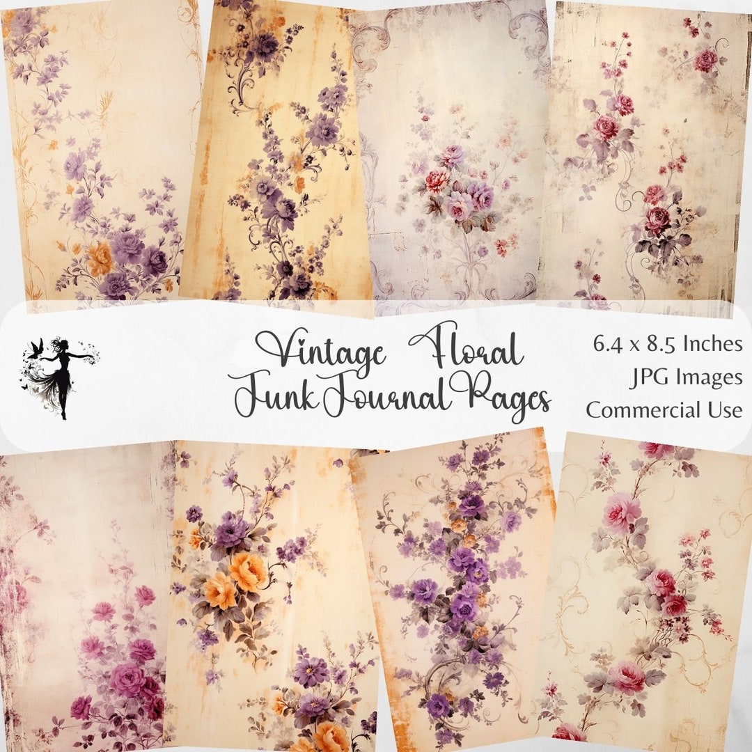 Vintage Floral Junk Journal Pages Digital Scrapbook Paper Kit Shabby ...
