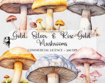 Mushroom Clipart Mushroom PNG Gold Mushrooms PNG Silver Watercolor Mushroom Clipart Rose Gold Clipart Mushroom Junk Journal Mixed Media