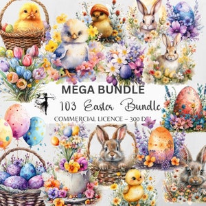 Bundle de Pâques aquarelle Clipart printemps bébés animaux mignons PNG Lapin poussin oeufs paniers floraux Scrapbooking Junk Journal Sublimation