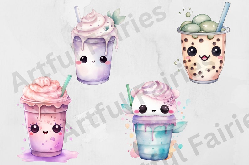 May include: Four cartoon illustrations of different types of beverages with cute faces. The beverages are a pink milkshake, a purple milkshake, a green bubble tea, and a blue milkshake.