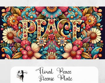 Matrícula de la paz PNG Diseño hippie Linda matrícula delantera Diseño de sublimación floral Matrícula de coche Flores Accesorio de decoración retro para coche