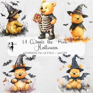 Winnie l'ourson PNG effrayant mignon Halloween Clipart chauves-souris noires PNG journal indésirable squelette effrayant autocollants Halloween sublimation dessins animés