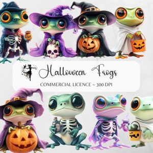 May include: Eight digital illustrations of Halloween frogs in various costumes. The frogs are wearing witch hats, ghost costumes, and skeleton costumes. They are holding pumpkins, candy buckets, and potion bottles. The text "Halloween Frogs" is written in the center of the image.