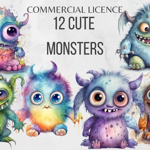 Niedliche Monster Clipart Monster Aquarell Clipart Bundle PNG Sublimation Illustrationen für Einladungen Scrapbooking Kawaii Monster Clip Art