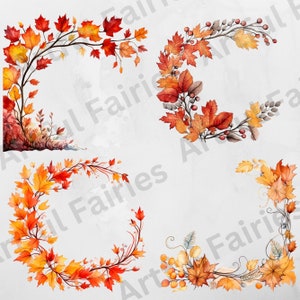 K&ouml;nnte beinhalten: Vier Eckdesigns mit Aquarell-Illustrationen von Herbstbl&auml;ttern in Orange-, Rot- und Gelbt&ouml;nen. Die Bl&auml;tter sind kreisf&ouml;rmig angeordnet und bilden einen Rahmeneffekt.