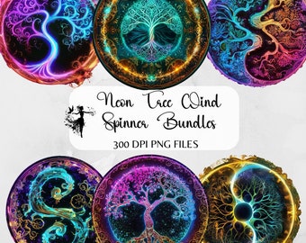 May include: Six colorful circular designs featuring a glowing neon tree of life with intricate details. The text "Neon Tree Wind Spinner Bundles 300 DPI PNG FILES" is displayed below the images.