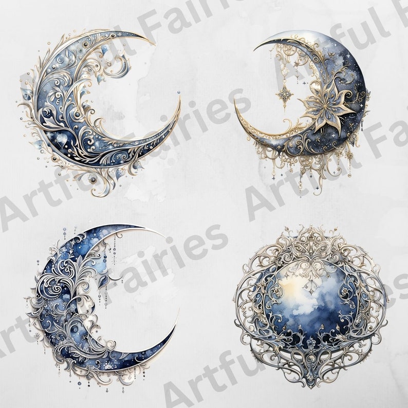 May include: Four watercolor illustrations of ornate moons and a circular design with a blue and white watercolor background. The designs are in gold and silver with intricate details.