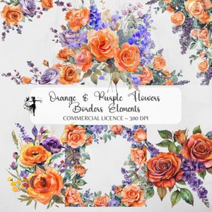Viola arancione floreale Clipart acquerello rose lilla clipart floreale cornici PNG fiore invito matrimonio bouquet bordo PNG