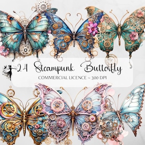 Steampunk Borboleta Clipart Aquarela Efêmera Borboleta Mecânica Borboleta de Metal Colorida png Junk Journal Supplies Colagem de Scrapbooking
