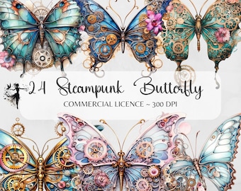 Puede incluir: Cuatro ilustraciones digitales de mariposas steampunk con intrincados engranajes y detalles florales. Las mariposas son en tonos de azul, turquesa, rosa y dorado.