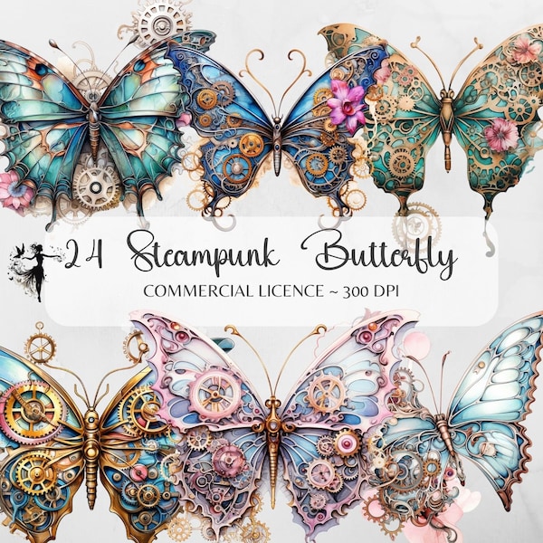 Steampunk mariposa clipart acuarela efímera mariposa mecánica colorida mariposa de metal png diario basura suministros scrapbooking collage