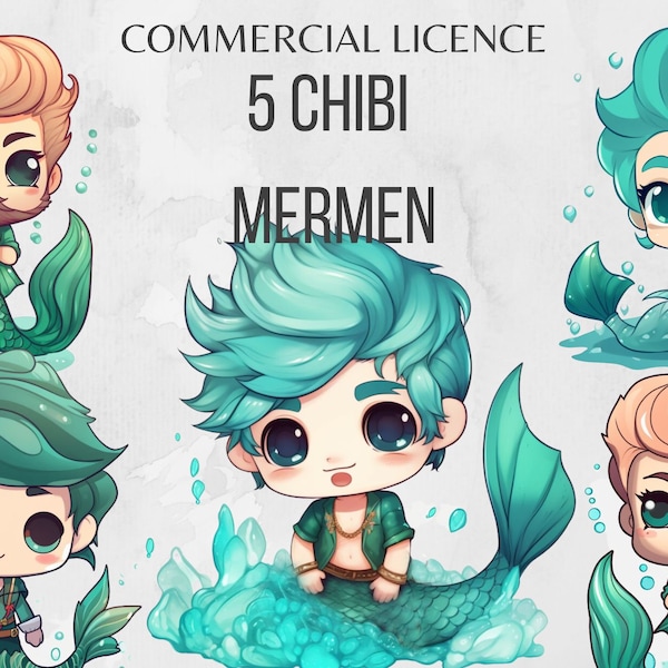 Chibi estilo Merman Clipart lindo Chibi Clipart Kawaii Clipart Ocean Clipart Merman PNG Merman Graphics Descarga digital Licencia comercial