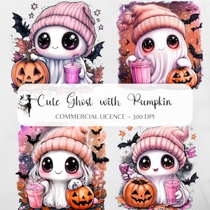Könnte beinhalten: Vier digitale Illustrationen von niedlichen Cartoon-Geistern, die rosa Hüte tragen und Kürbisse und Milchshakes halten. Der Text "Cute Ghost with Pumpkin" und "COMMERCIAL LICENCE ~ 300 DPI" befindet sich oben im Bild.