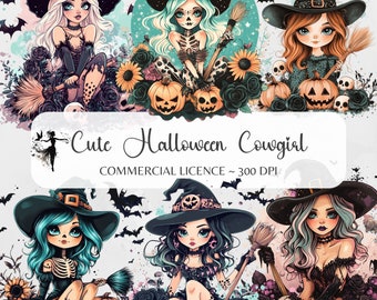 Cute Halloween Cowgirl Clipart Western PNG Wild West Graphics Witch Skeleton Junk journal Printable Western Cowgirl Teal Sublimation sticker