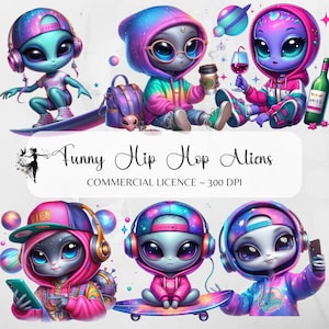 Divertente Alieno Clipart Chibi Alien PNG Spazio Hip Hop Adesivo Ragazza aliena carina Cool Alien Sublimazione Design Sublimate Junk Journal Caffè Vino