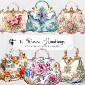 Sac à main rococo Clipart rose aquarelle éphémères PNG Junk Journal fournitures artisanat en papier agenda numérique scrapbook mode téléchargement imprimable