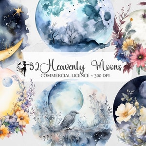 Moon Clipart Junk Journal Forniture per luna e stelle Celeste floreale Luna Fantasia Magica Acquerello PNG Fasi lunari crescenti Scrapbook Heaven