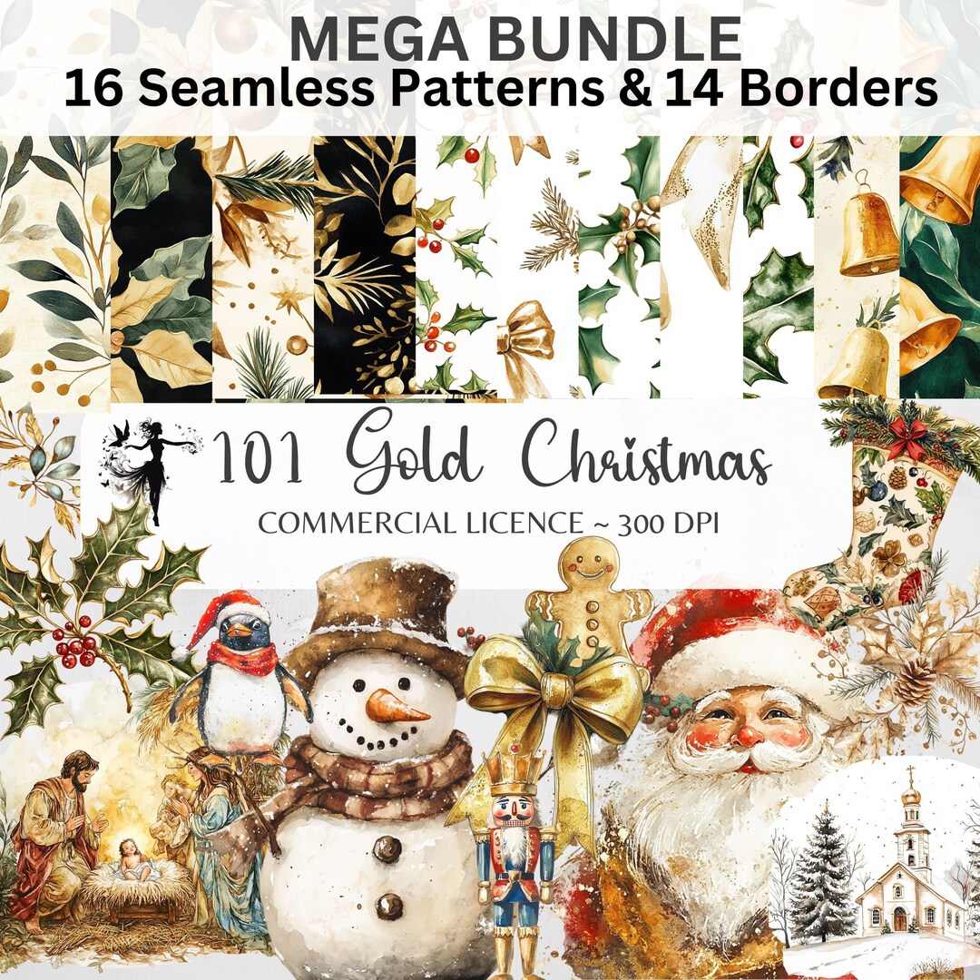 Watercolor Christmas Clipart Santa PNG Gold Tree Stocking, Snow Scene ...