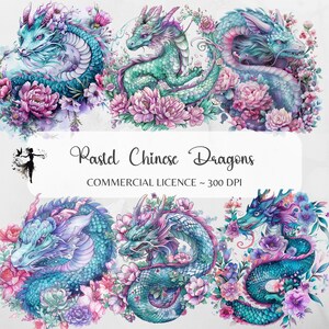 Dragón Chino Clipart PNG Acuarela Dragón Floral Pastel Imprimible Scrapbooking Diario Basura Suministros Pegatinas Año Nuevo Lunar