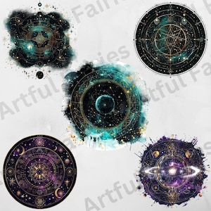 May include: Five circular designs with a celestial theme. Each design features a black background with gold geometric shapes and a blue or purple nebula. The designs are surrounded by a white watercolor effect.