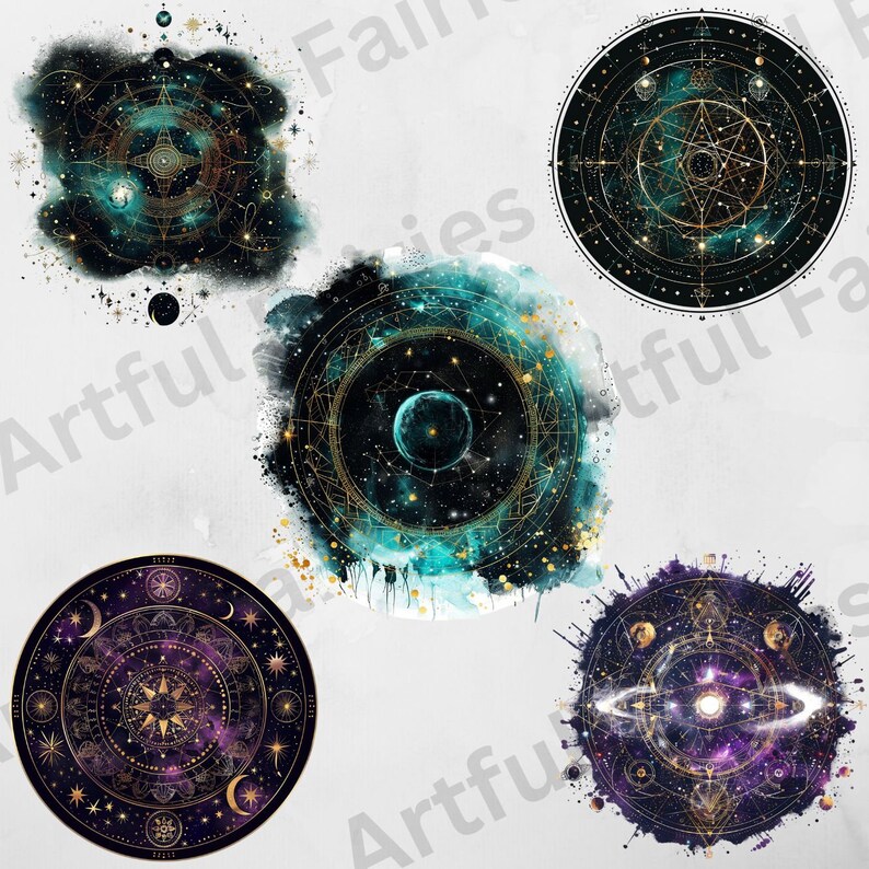 May include: Five circular designs with a celestial theme. Each design features a black background with gold geometric shapes and a blue or purple nebula. The designs are surrounded by a white watercolor effect.
