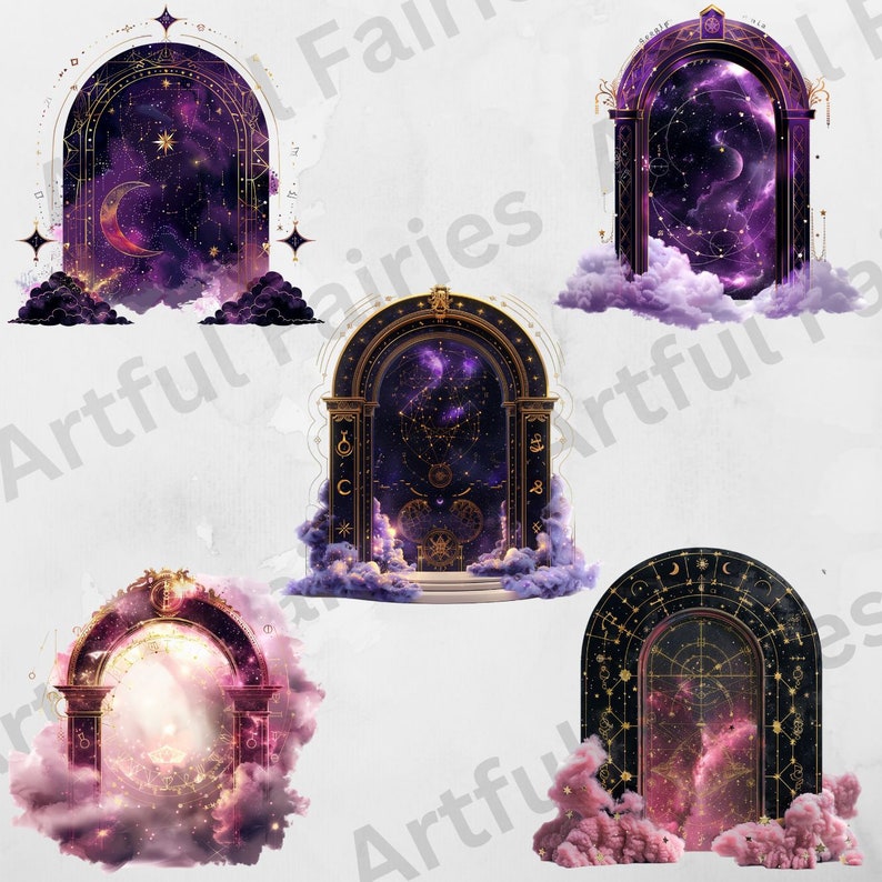 May include: Five ornate golden archways with a purple and black starry sky inside. Each archway is framed with gold and has a different design. The archways are set against a white background.