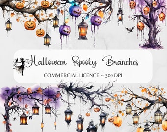 Watercolor Halloween Border Clipart Autumn Frame PNG Lantern Fall Design Garland Mystical Digital Illustration Spooky Party Decor Invitation