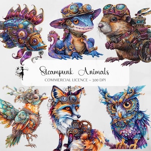 Steampunk Tier Clipart Aquarell Ephemera Steampunk Printable Frosch Eule Vogel Bunt Metall png Junk Journal Zubehör Scrapbooking Collage