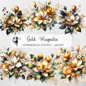 Gold Magnolia Floral clipart, White Flowers PNG Set, Wedding Invitation clip art, Magnolia Glam Garden Bridal Shower Sublimation Bundle