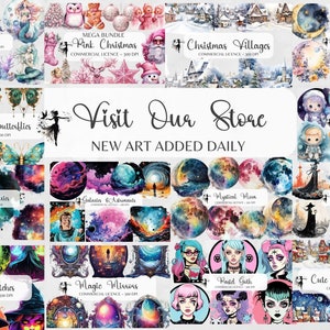 May include: A collection of digital art prints featuring mermaids, Christmas themes, butterflies, galaxies, moons, astronauts, witches, and portraits. The text "Visit Our Store" and "New Art Added Daily" are also displayed.