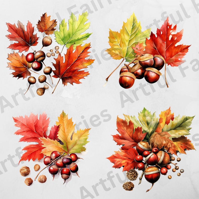 K&ouml;nnte beinhalten: Vier Aquarell-Illustrationen von Herbstbl&auml;ttern und Eicheln. Die Bl&auml;tter sind in Rot-, Orange-, Gelb- und Gr&uuml;nt&ouml;nen gehalten. Die Eicheln sind braun und haben eine Kappe oben. Die Illustrationen sind in einem Raster angeordnet.