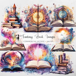 Watercolor Fantasy Books Clipart Open Book Bookshelf Vintage Stack Library Old Magic Books Reading Fairytale Castle Dragon Bookish Lover PNG