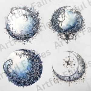 May include: Four watercolor illustrations of moons with intricate silver filigree designs. The moons are in various shapes and sizes, with some featuring stars and other celestial elements.