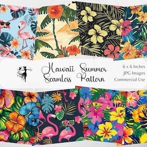 Hawaiian Pattern Seamless Digital Paper Background Summer Printable Scrapbooking Junk Journal Products Flamingo Flowers Beach Retro Seamless