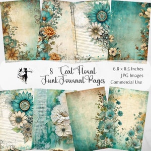 Pagine di diario spazzatura floreale verde acqua Kit di carta per album digitale Fiori di tè verde acqua stampabili Mixed Media Journaling Papers Confezione di carta Ephemera vintage