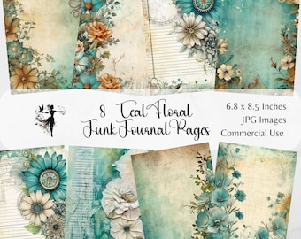 Teal Floral Junk Journal Seiten Digitales Scrapbook Papier Kit Teal Blumen Printable Mixed Media Journaling Papiere Vintage Ephemera Papier Pack