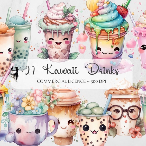 Kawaii Clipart Cute Kawaii Drinks Watercolor Clipart Coffee Clipart Bubble Tea Clipart Boba Tea Clipart Kawaii PNG Kawaii Bundle Stickers