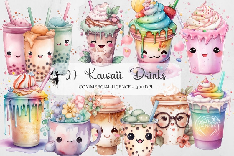Kawaii Clipart Cute Kawaii Drinks Watercolor Clipart Coffee Clipart Bubble Tea Clipart Boba Tea Clipart Kawaii PNG Kawaii Bundle Stickers sublimation designe