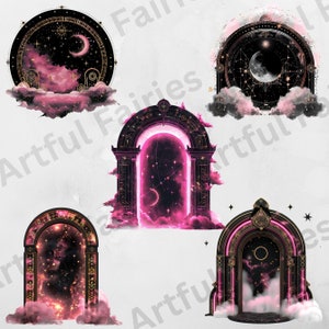 May include: Five digital illustrations of ornate, golden archways with pink clouds and a starry night sky behind them. Each archway has a different design and features a crescent moon.