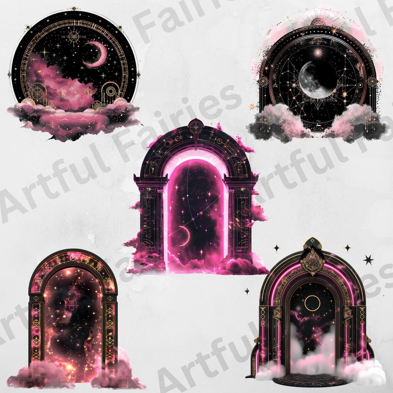 May include: Five digital illustrations of ornate, golden archways with pink clouds and a starry night sky behind them. Each archway has a different design and features a crescent moon.